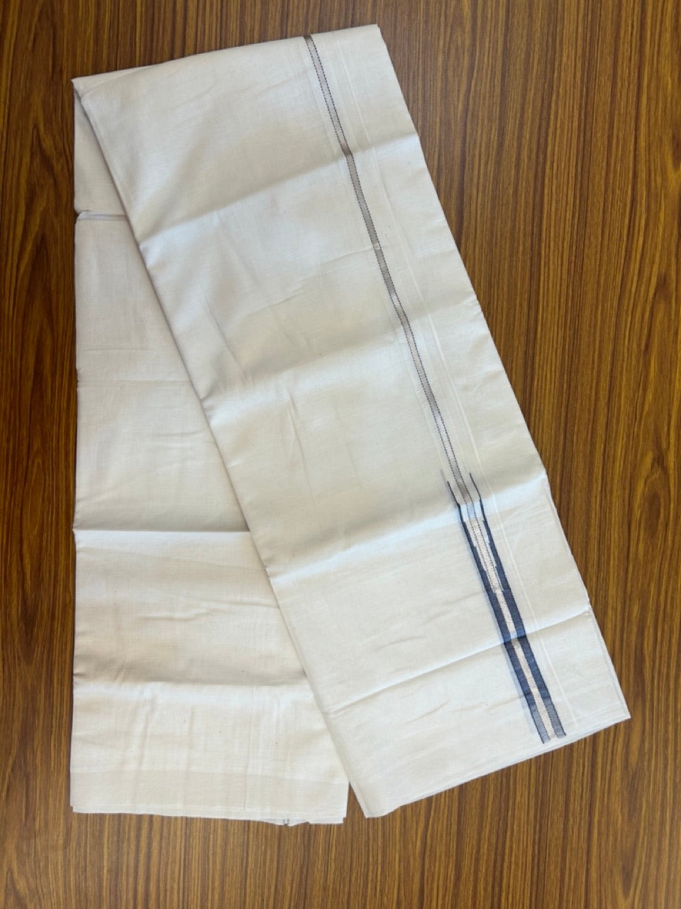 20% Discount! KaithariKada Balaramapuram 100% Cotton Off white Double Mundu/Dhoti - 100x80 - 0.75 inch Ash Blue One Side Chutty Silver Kasav Kara - 4mtr (8.5muzham) - 2 KK5285 VAS