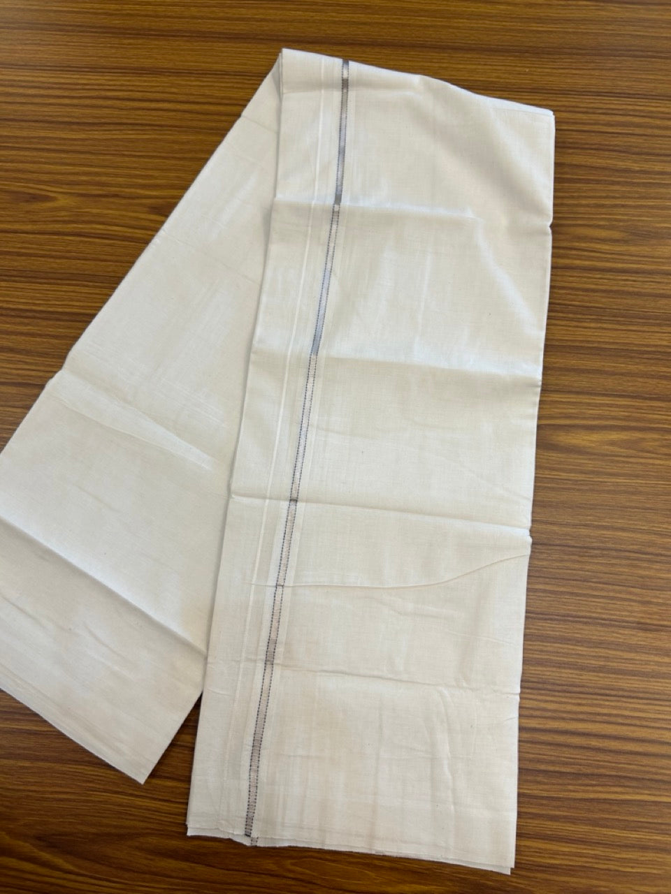 20% Discount! KaithariKada Balaramapuram 100% Cotton Off white Double Mundu/Dhoti - 100x80 - 0.75 inch Ash Blue One Side Chutty Silver Kasav Kara - 4mtr (8.5muzham) - 2 KK5285 VAS