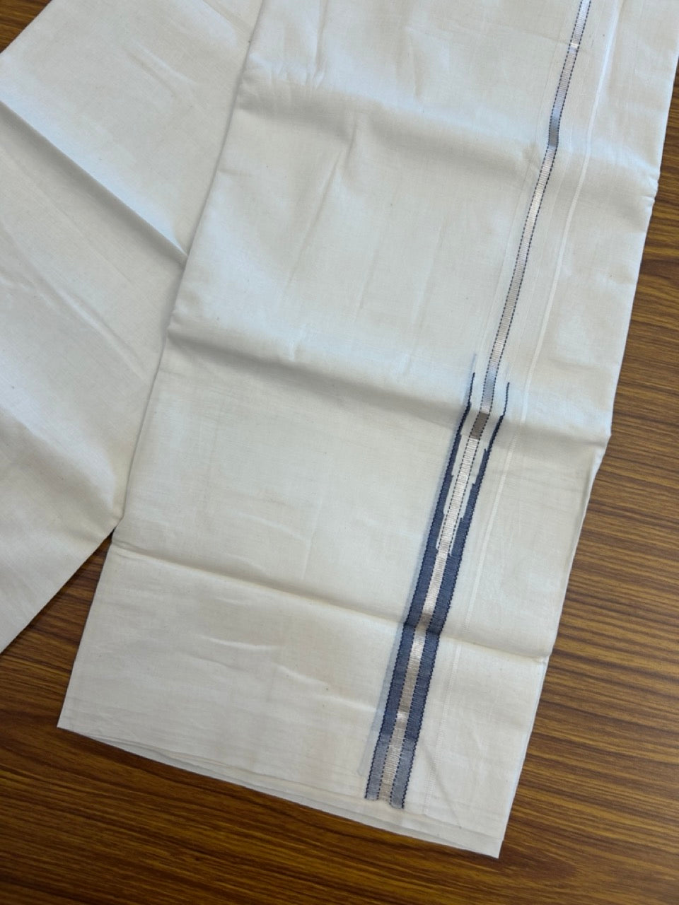 20% Discount! KaithariKada Balaramapuram 100% Cotton Off white Double Mundu/Dhoti - 100x80 - 0.75 inch Ash Blue One Side Chutty Silver Kasav Kara - 4mtr (8.5muzham) - 2 KK5285 VAS