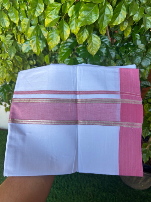 20% DISCOUNT !! KaithariKada Balaramapuram 100% Cotton Double PURE WHITE Mundu/Dhoti - 100X80 - 2.25 inch Pink Shaded & Silver Kasav Kara - 75KK5213 VIN