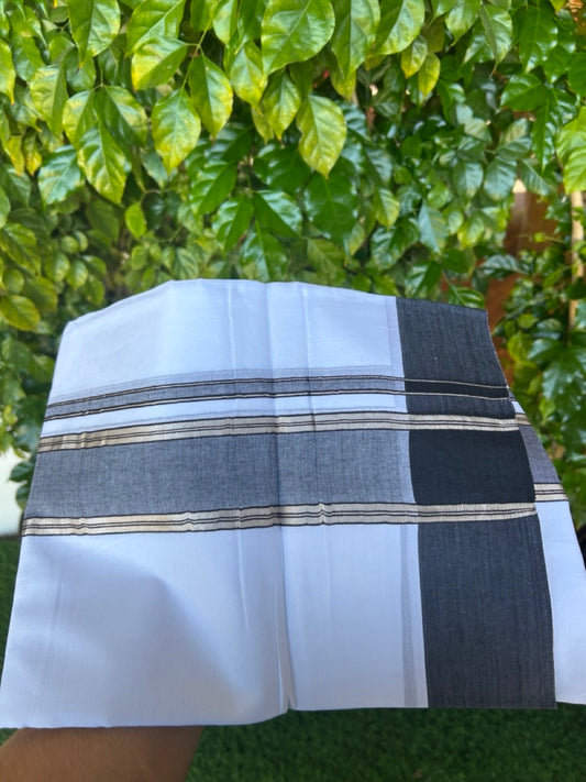 20% DISCOUNT !! KaithariKada Balaramapuram 100% Cotton Double PURE WHITE Mundu/Dhoti - 100X80 - 2.25 inch Black Shaded & Silver Kasav Kara - 78KK5213 VIN