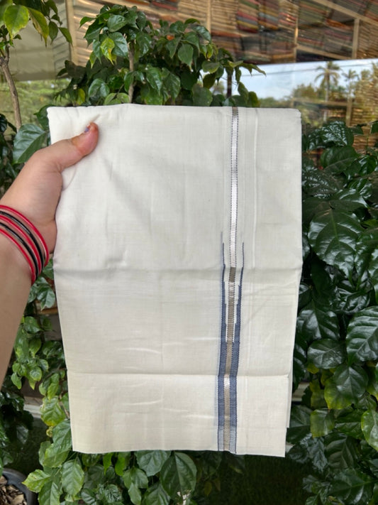 20% Discount! KaithariKada Balaramapuram 100% Cotton Off white Double Mundu/Dhoti - 100x80 - 0.75 inch Ash Blue One Side Chutty Silver Kasav Kara - 4mtr (8.5muzham) - 2 KK5285 VAS