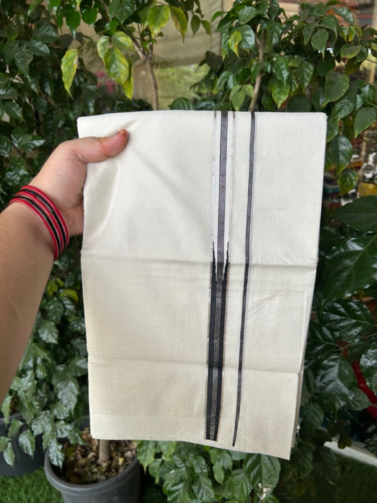 20% Discount! KaithariKada Balaramapuram 100% Cotton Off white Double Mundu/Dhoti - 100x80 - 0.75 inch Black Striped One Side Chutty Silver Kasav Kara - 4mtr (8.5muzham) - 1 KK5285 VAS