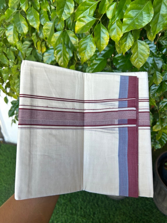 20% DISCOUNT!! KaithariKada Balaramapuram 100% Cotton OFF WHITE Double - (Unbleached) Mundu/Dhoti - 100X80 - 1.5 inch Maroon Shaded Kara with Side Stripes - 74KK5213 VIN