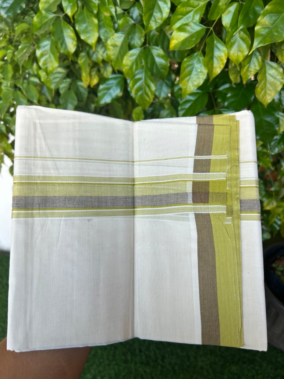 20% DISCOUNT!! KaithariKada Balaramapuram 100%  Cotton OFF WHITE Double - (Unbleached) Mundu/Dhoti - 100X80 - 1.75 inch Light Olive Green & Brown Shaded Kara with Side Stripes - 67KK5213 VIN