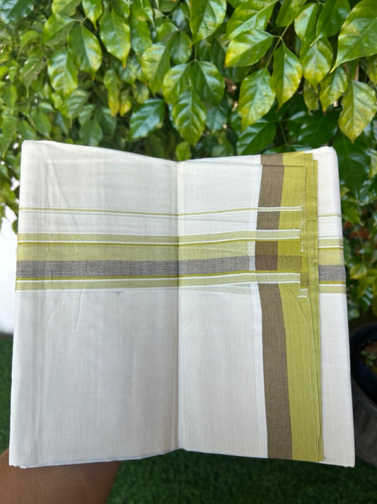 20% DISCOUNT!! KaithariKada Balaramapuram 100%  Cotton OFF WHITE Double - (Unbleached) Mundu/Dhoti - 100X80 - 1.75 inch Light Olive Green & Brown Shaded Kara with Side Stripes - 67KK5213 VIN