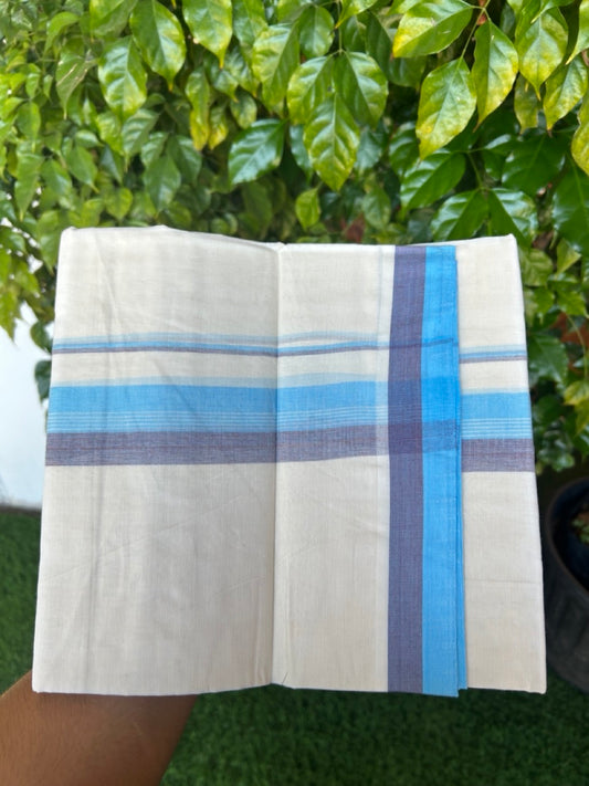 20% DISCOUNT!! KaithariKada Balaramapuram 100%  Cotton OFF WHITE Double - (Unbleached) Mundu/Dhoti - 100X80 - 1.5 inch Navy Blue & Cyan Shaded Kara with  Centre Stripes - 63KK5213 VIN