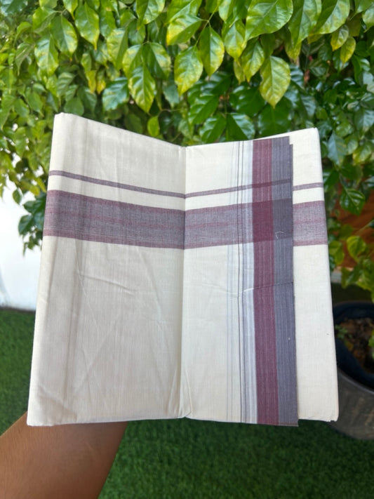 20% DISCOUNT!! KaithariKada Balaramapuram 100%  Cotton OFF WHITE Double - (Unbleached) Mundu/Dhoti - 100X80 - 1.5 inch Purple Ash & Maroon Shaded Kara with Stripes - 66KK5213 VIN