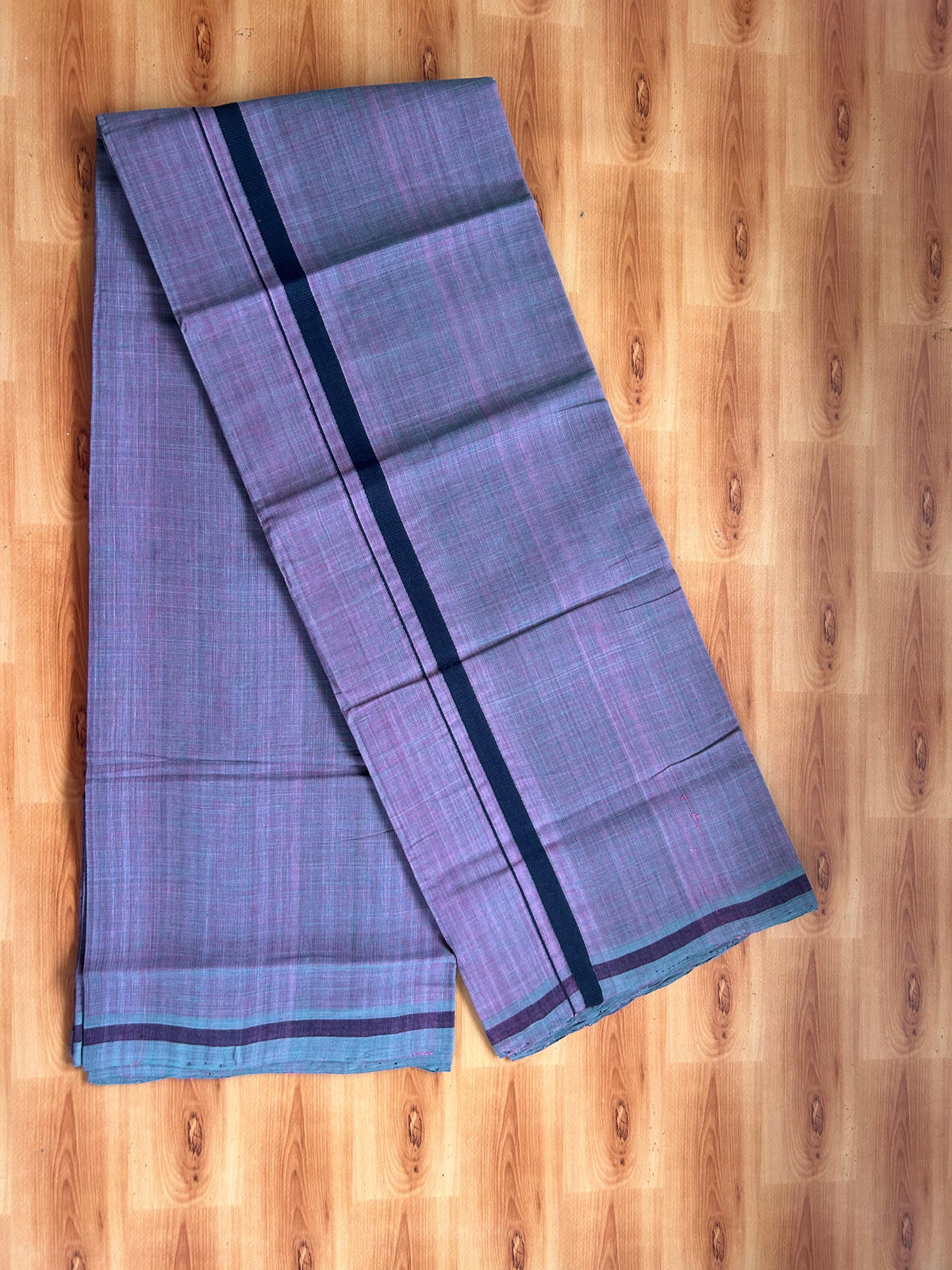 Kerala Handloom Single Kaily/Lungi - KaithariKada 100% Pure Cotton - 40s - 0.5 cm Black Kara With Dusty Pink & Teal Green Shaded colour Body - (2 meter / 4 muzham) - 19 KK5539 ELA