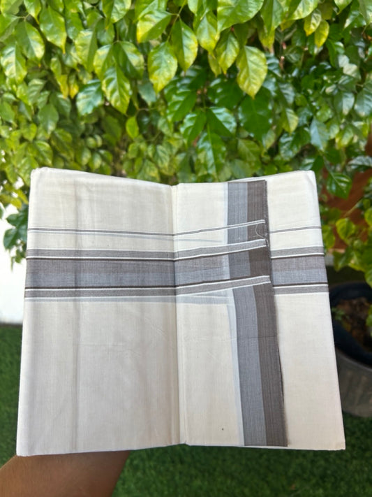 20% DISCOUNT!! KaithariKada Balaramapuram 100%  Cotton OFF WHITE Double - (Unbleached) Mundu/Dhoti - 100X80 - 1.5 inch Ash Blue & Brown Shaded Kara with Side Stripes - 68KK5213 VIN