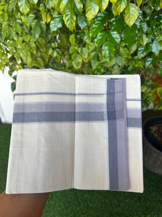 20% DISCOUNT!! KaithariKada Balaramapuram 100%  Cotton OFF WHITE Double - (Unbleached) Mundu/Dhoti - 100X80 - 1.75 inch Purple Ash & Navy Blue Shaded Kara with  Side Stripes - 61KK5213 VIN