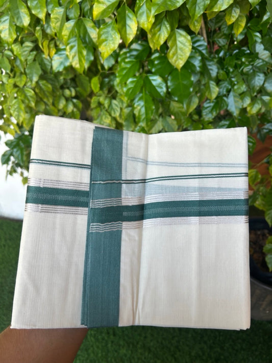 20% Discount ! KaithariKada Balaramapuram 100% Cotton Double OFF WHITE - (Unbleached) - Mundu / Dhoti- 100x80 -  1.5 inch Silver stripes Green kara - 60KK5213 VIN