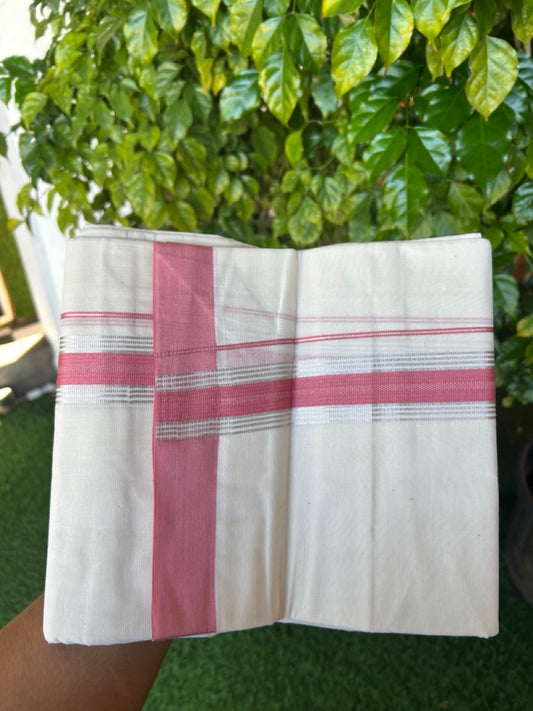 20% Discount ! KaithariKada Balaramapuram 100% Cotton Double OFF WHITE - (Unbleached) - Mundu / Dhoti- 100x80 -  1.5 inch Silver stripes Rose Pink kara - 55KK5213 VIN