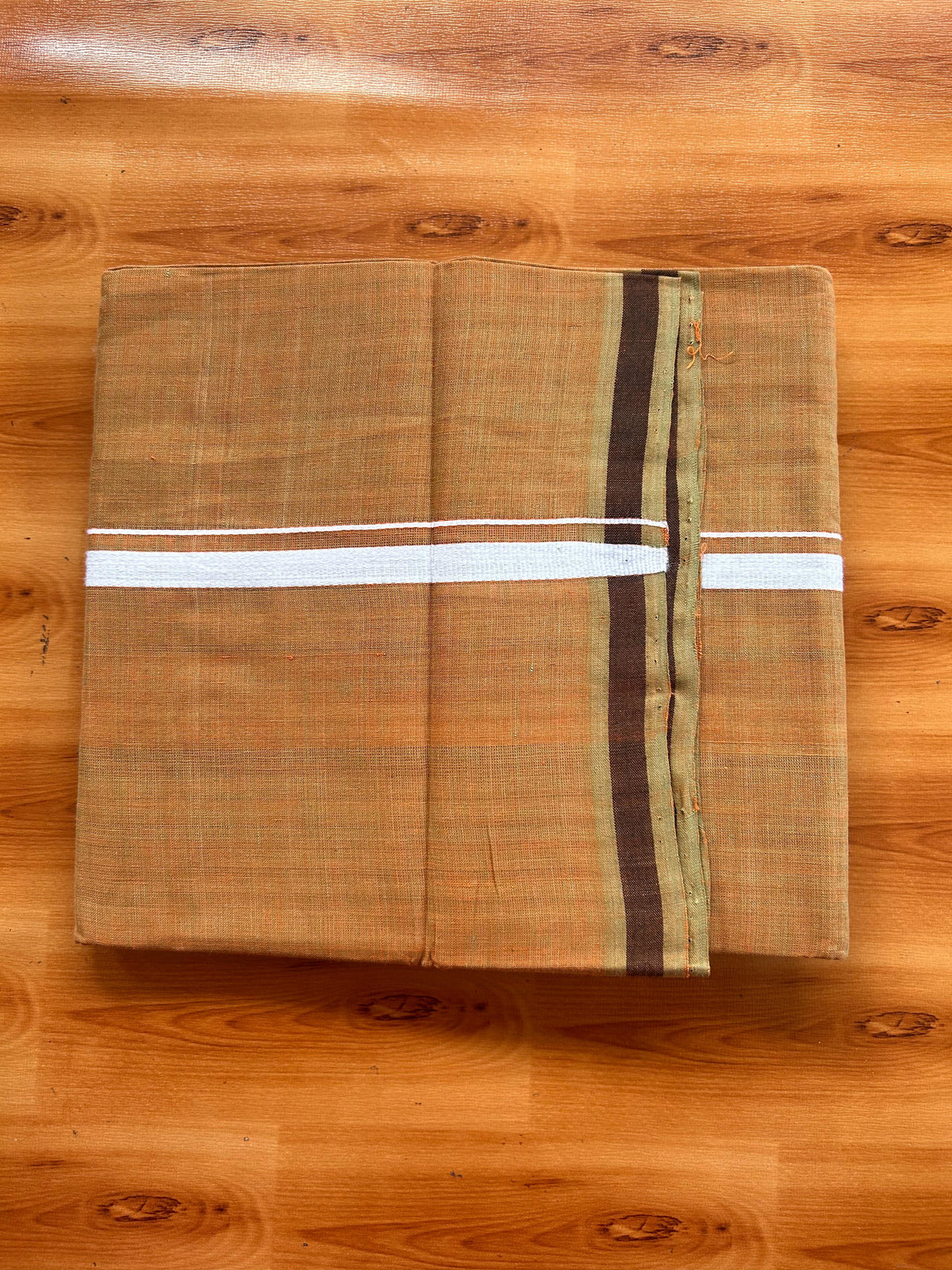 Kerala Handloom Single Kaily/Lungi - KaithariKada 100% Pure Cotton - 40s - 0.5 cm White Kara With Light Orange & Pastel Olive Shaded colour Body - (2 meter / 4 muzham) - 21 KK5539 ELA