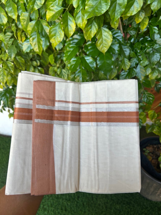 20% Discount ! KaithariKada Balaramapuram 100% Cotton Double OFF WHITE - (Unbleached) - Mundu / Dhoti- 100x80 -  1.5 inch Silver stripes brown kara - 59KK5213 VIN