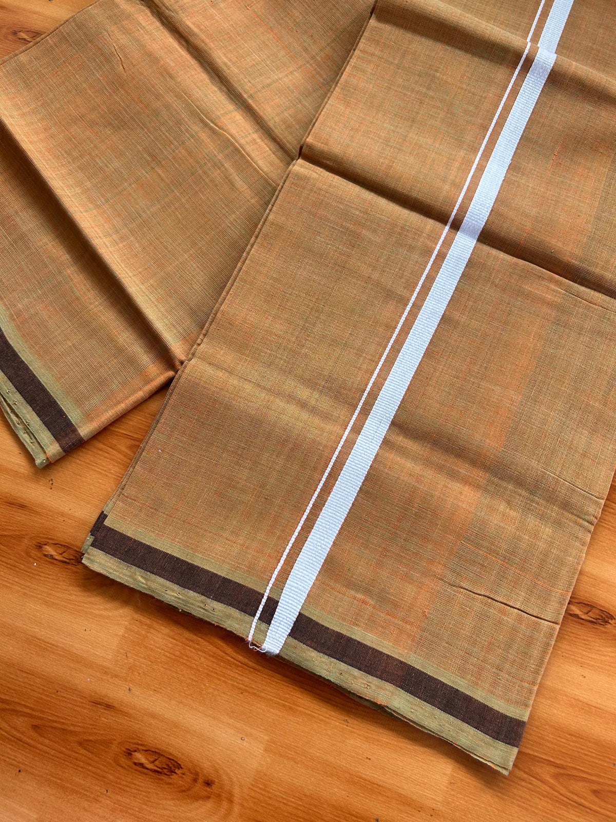 Kerala Handloom Single Kaily/Lungi - KaithariKada 100% Pure Cotton - 40s - 0.5 cm White Kara With Light Orange & Pastel Olive Shaded colour Body - (2 meter / 4 muzham) - 21 KK5539 ELA