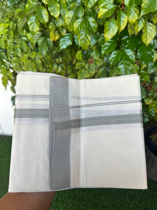 20% Discount ! KaithariKada Balaramapuram 100% Cotton Double OFF WHITE - (Unbleached) - Mundu / Dhoti- 100x80 -  1.5 inch Silver stripes Ash grey kara - 58KK5213 VIN