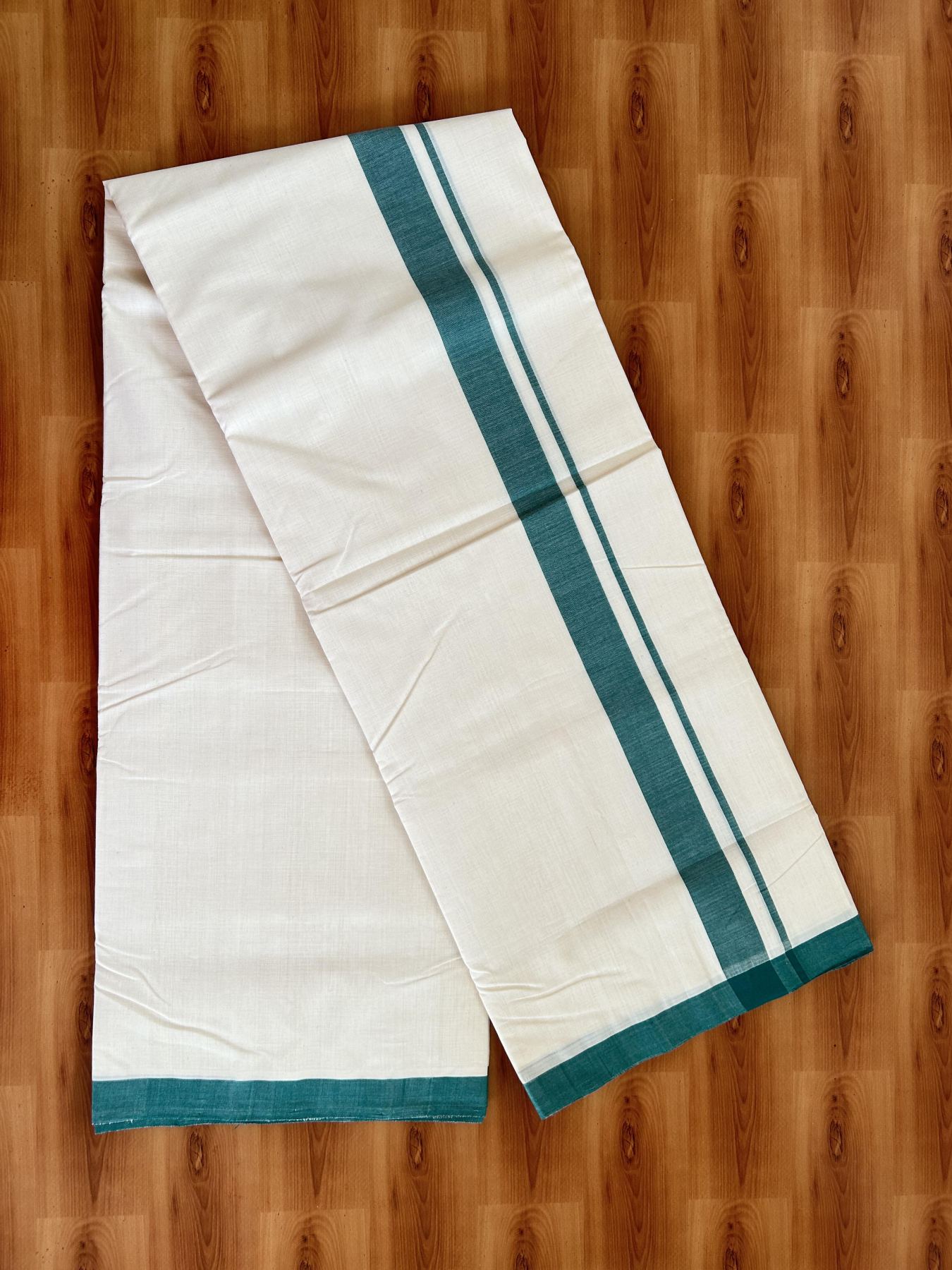 Double Off White (Unbleached) Mundu/Dhoti- 25% Discount! KaithariKada Handloom Millpaav - Kerala Handloom - Cotton - 80x90 - 1.25 inch Green Mulloth Kara 4 meter (8.5 Muzham) - 10 KK5396 RAM