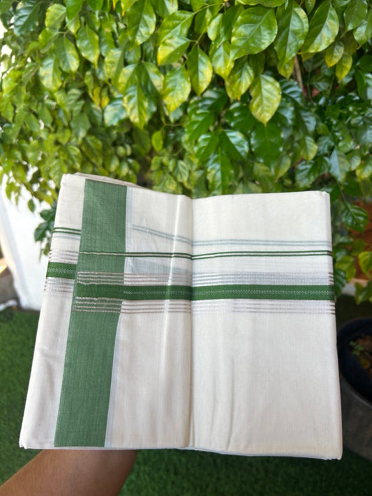 20% Discount ! KaithariKada Balaramapuram 100% Cotton Double OFF WHITE - (Unbleached) - Mundu / Dhoti- 100x80 -  1.5 inch Silver stripes Forest Green kara - 57KK5213 VIN