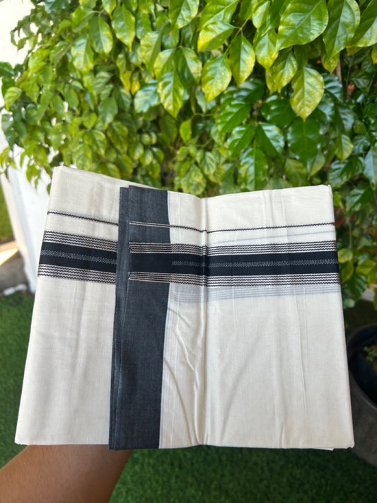 20% Discount ! KaithariKada Balaramapuram 100% Cotton Double OFF WHITE - (Unbleached) - Mundu / Dhoti- 100x80 -  1.5 inch Silver kasavu & Black striped kara - 54KK5213 VIN