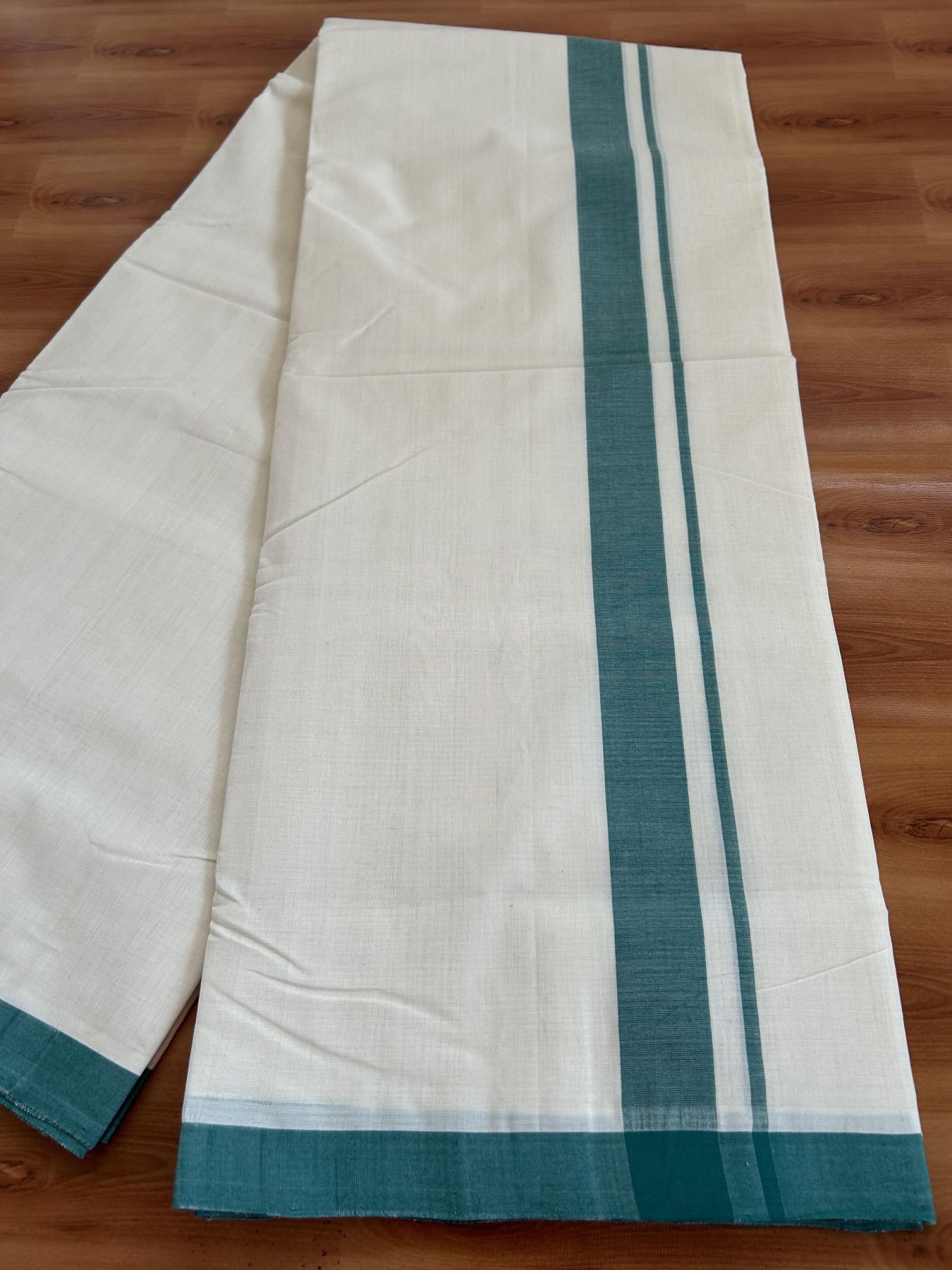 Double Off White (Unbleached) Mundu/Dhoti- 25% Discount! KaithariKada Handloom Millpaav - Kerala Handloom - Cotton - 80x90 - 1.25 inch Green Mulloth Kara 4 meter (8.5 Muzham) - 10 KK5396 RAM