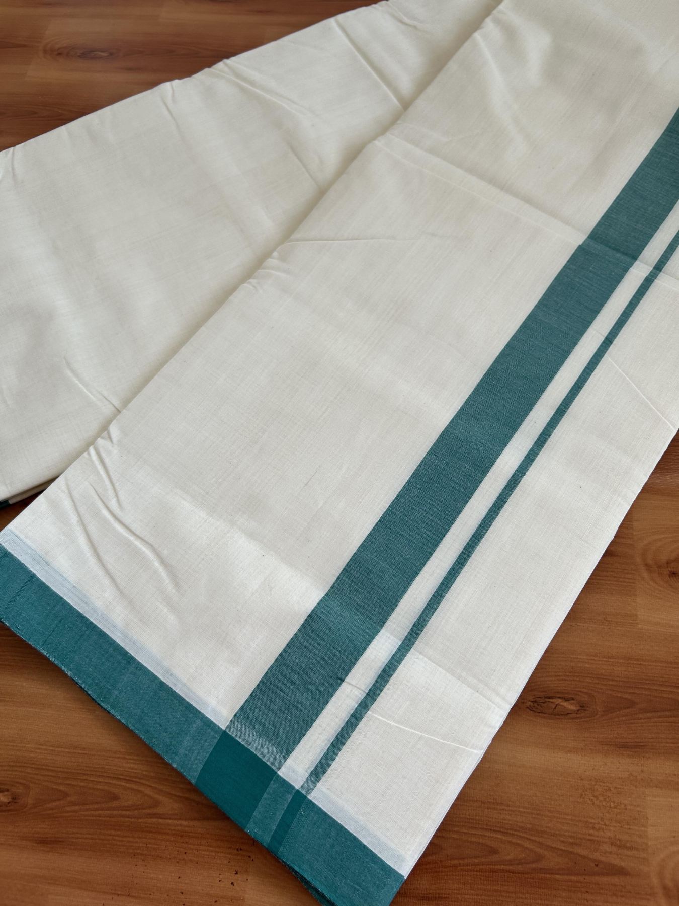 Double Off White (Unbleached) Mundu/Dhoti- 25% Discount! KaithariKada Handloom Millpaav - Kerala Handloom - Cotton - 80x90 - 1.25 inch Green Mulloth Kara 4 meter (8.5 Muzham) - 10 KK5396 RAM