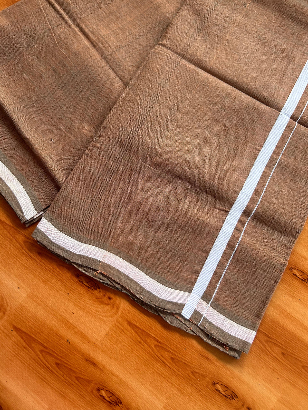 Kerala Handloom Single Kaily/Lungi - KaithariKada 100% Pure Cotton - 40s - 0.5 cm White Kara With Brown & Pastel Olive Shaded colour Body - (2 meter / 4 muzham) - 24 KK5539 ELA