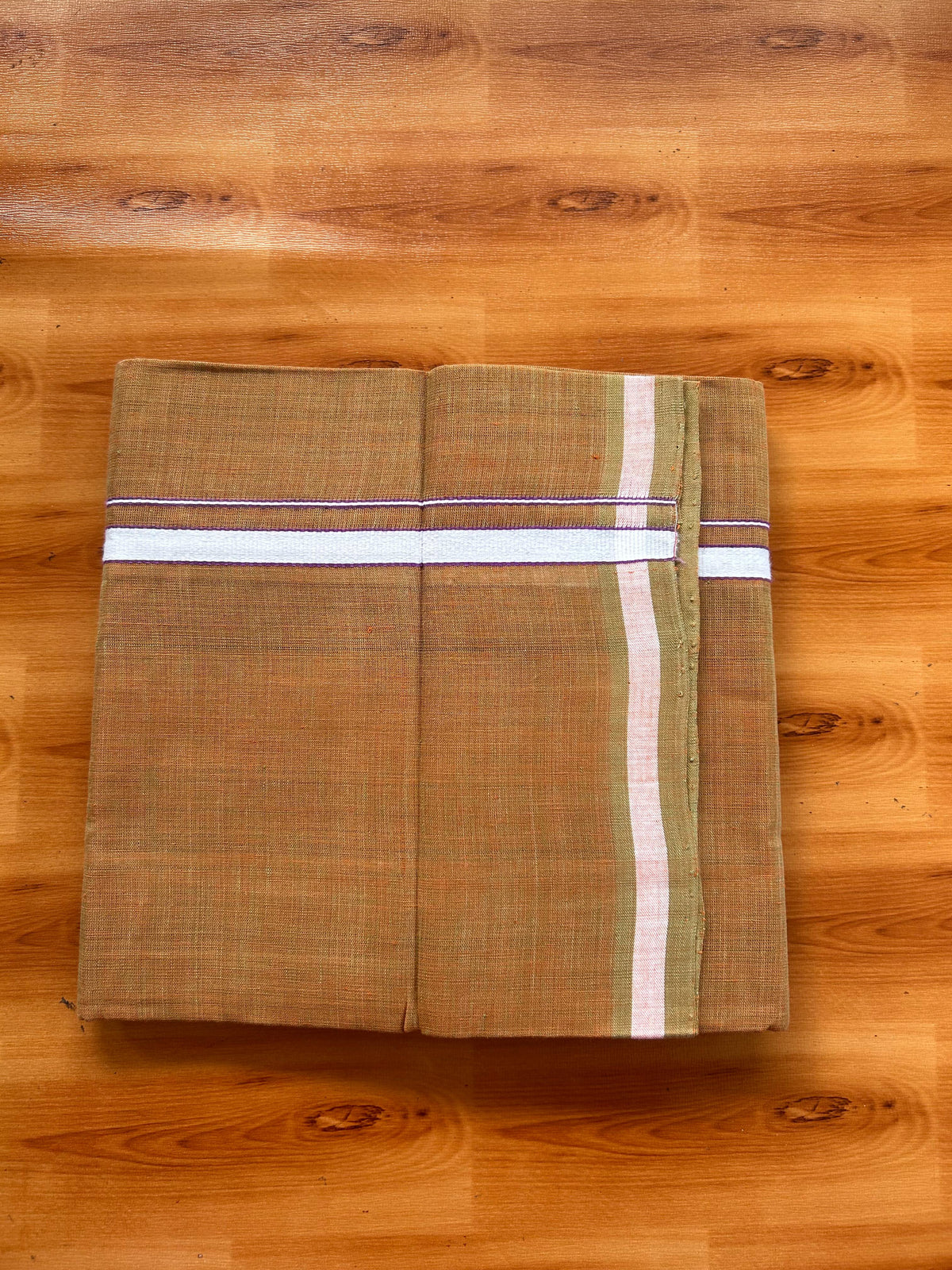 Kerala Handloom Single Kaily/Lungi - KaithariKada 100% Pure Cotton - 40s - 0.5 cm White & Violet Kara With Light Orange & Pastel Olive Shaded colour Body - (2 meter / 4 muzham) - 26 KK5539 ELA