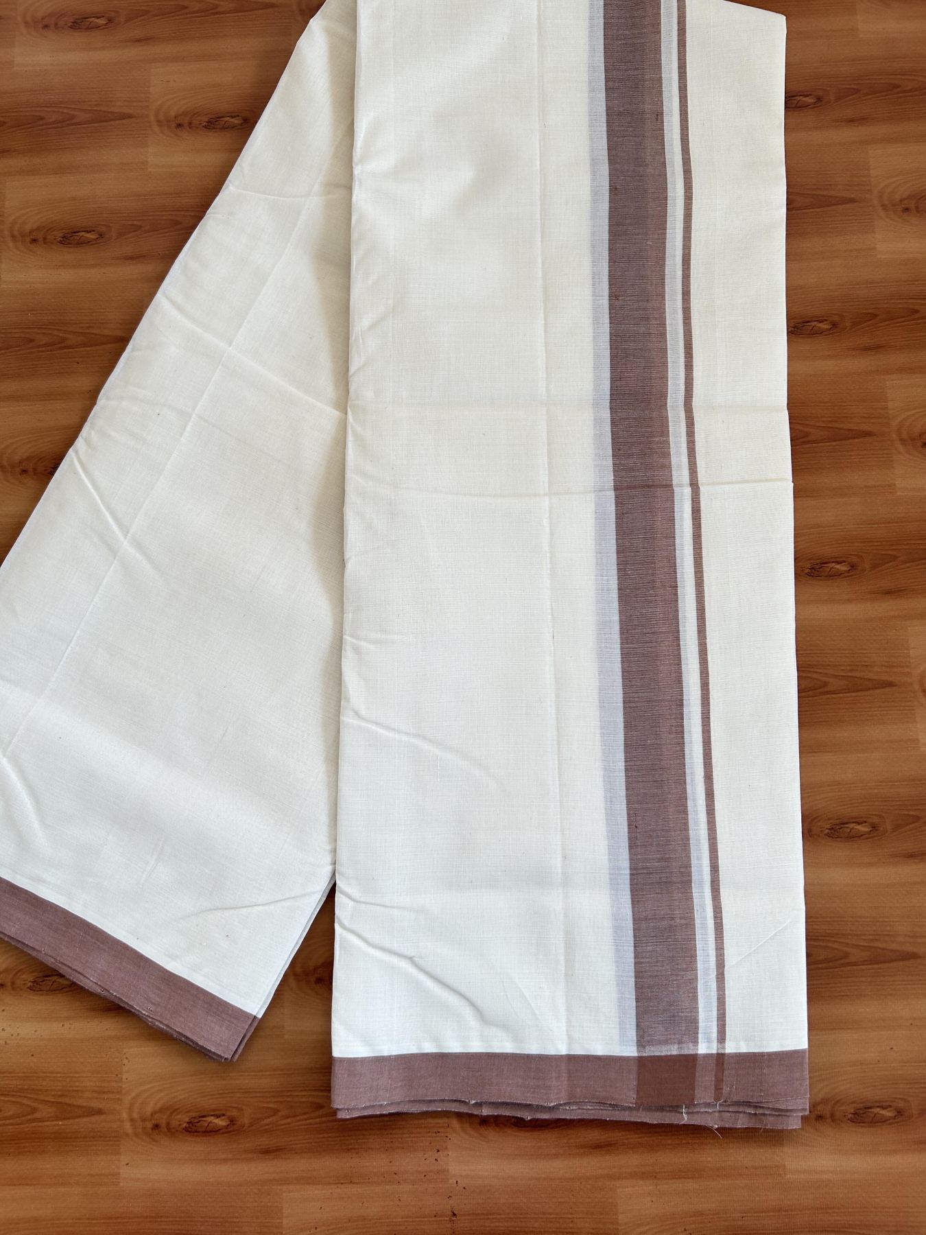 Double Off White (Unbleached) Mundu/Dhoti- 25% Discount! KaithariKada Handloom Millpaav - Kerala Handloom - Cotton - 80x90 - 1.25 inch Brown Mulloth Kara 4 meter (8.5 Muzham) - 6 KK5396 RAM