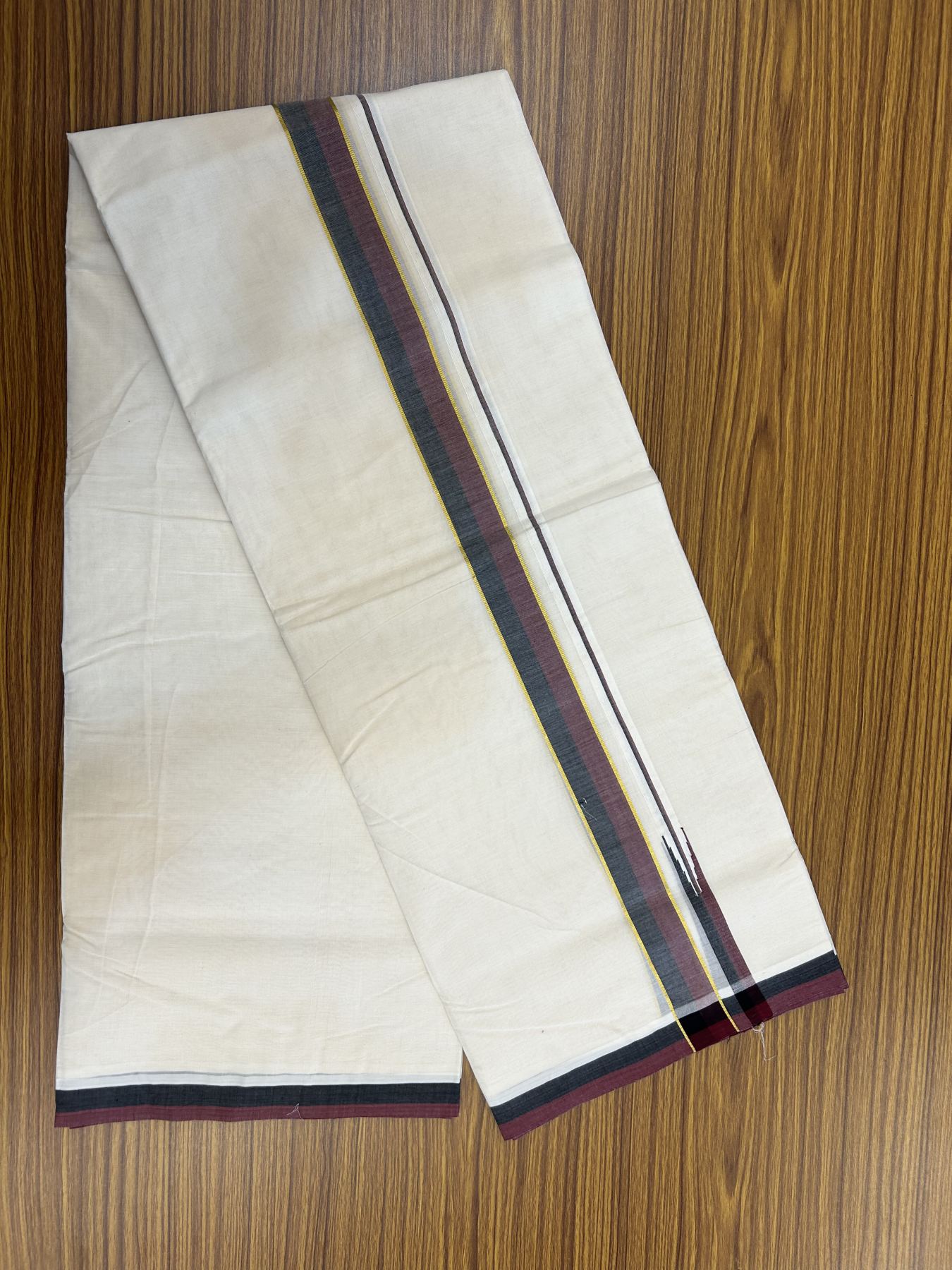 Dmk Veshti - 20% Discount !! KaithariKada Balaramapuram Double Off white - (Unbleached) Mundu/Dhoti - 100X100 - 1.25 inch Puliyilakkara Kasavu Maroon & Black Chutty Kara - 18 KK5325 ASH