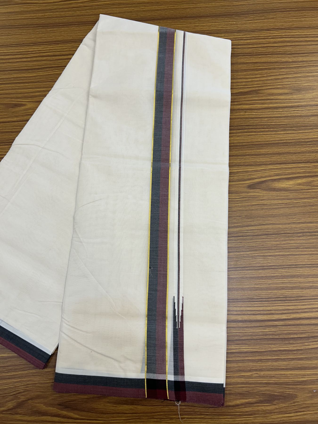 Dmk Veshti - 20% Discount !! KaithariKada Balaramapuram Double Off white - (Unbleached) Mundu/Dhoti - 100X100 - 1.25 inch Puliyilakkara Kasavu Maroon & Black Chutty Kara - 18 KK5325 ASH