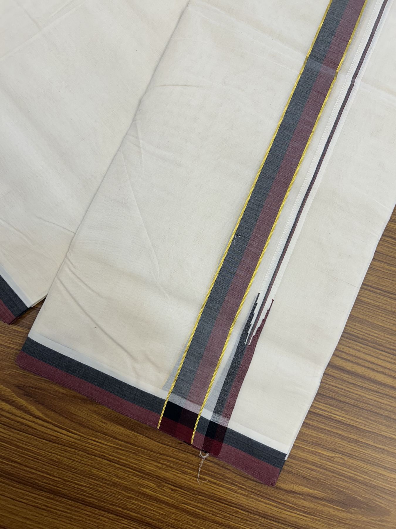 Dmk Veshti - 20% Discount !! KaithariKada Balaramapuram Double Off white - (Unbleached) Mundu/Dhoti - 100X100 - 1.25 inch Puliyilakkara Kasavu Maroon & Black Chutty Kara - 18 KK5325 ASH