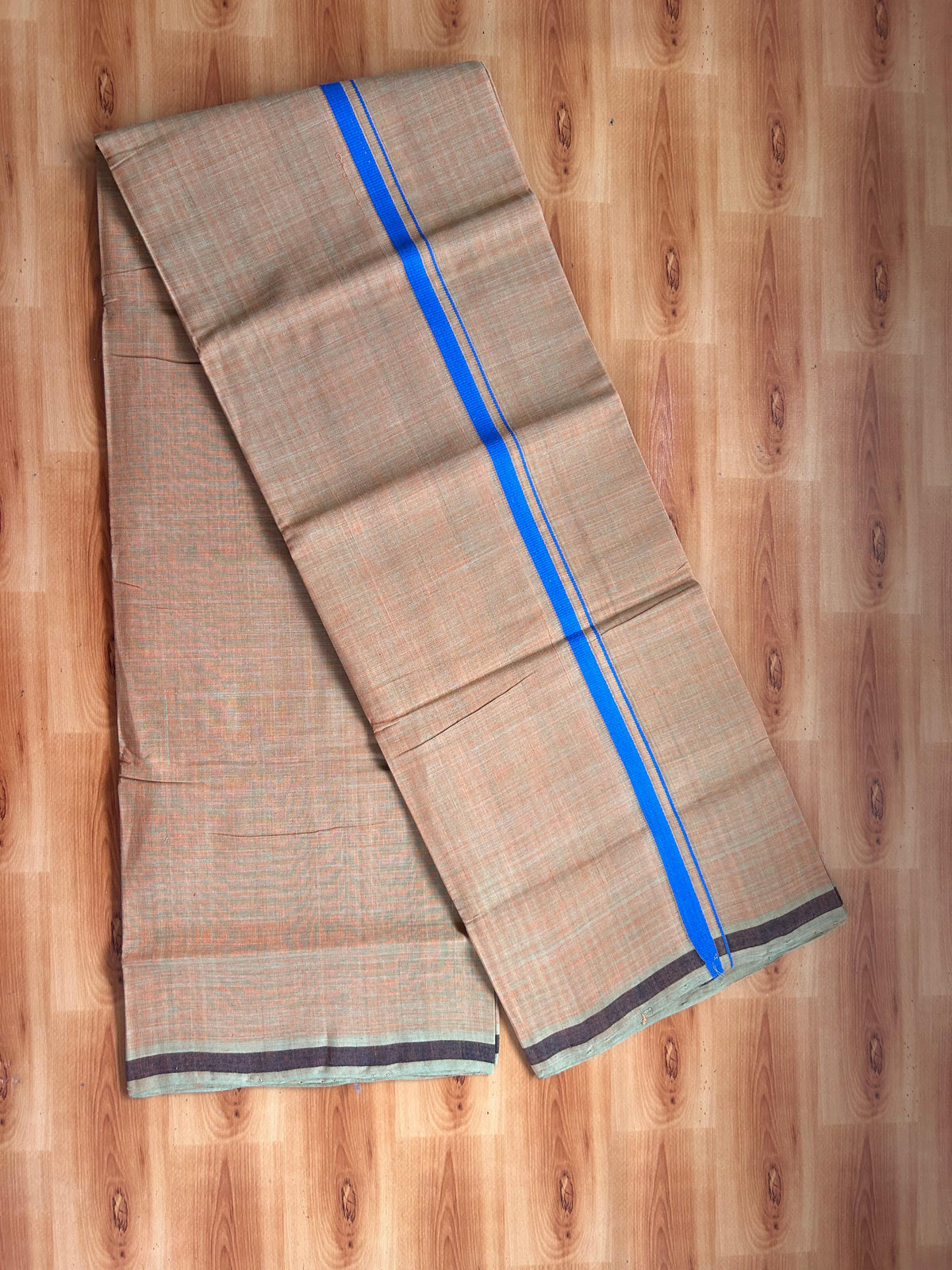 Kerala Handloom Single Kaily/Lungi - KaithariKada 100% Pure Cotton - 40s - 0.5 cm Blue Kara With Light Orange & Pastel Olive Shaded colour Body - (2 meter / 4 muzham) - 27 KK5539 ELA