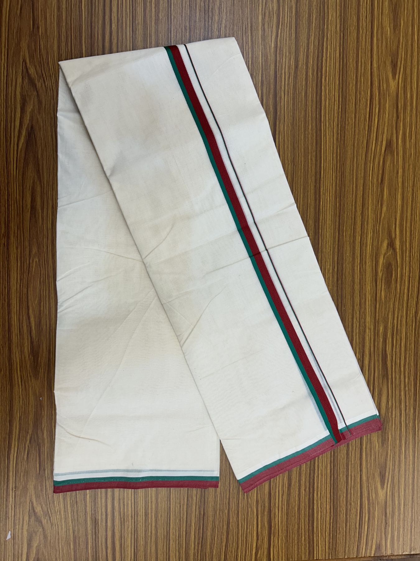 Sdpi Veshti - 20% Discount ! KaithariKada 100% Cotton off white Double - (Unbleached) Mundu/Dhoti - 100X80 - 1.5 cm Maroon & Green Kara - 19 KK5325 ASH