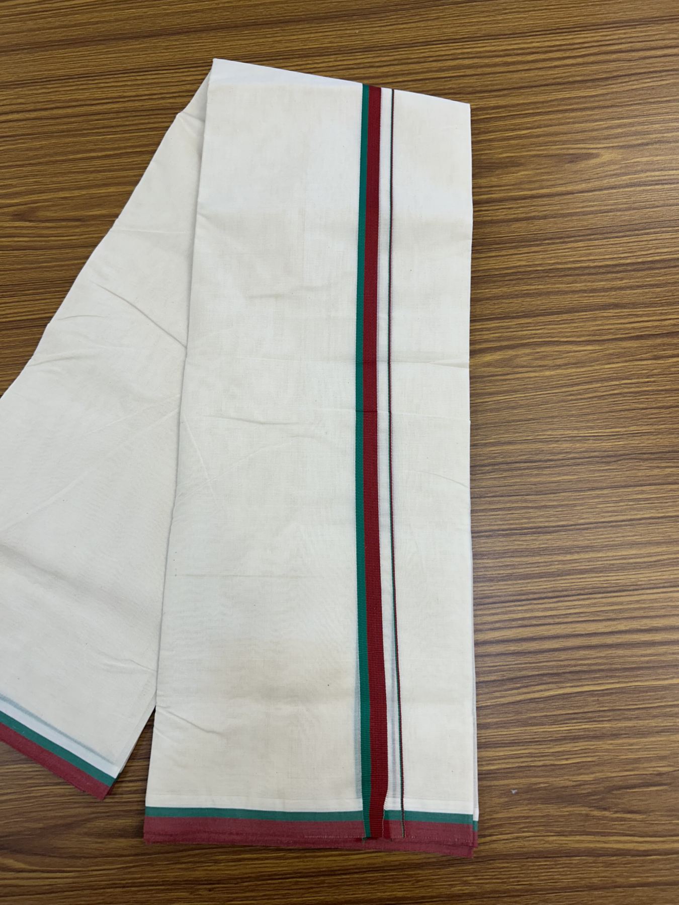 Sdpi Veshti - 20% Discount ! KaithariKada 100% Cotton off white Double - (Unbleached) Mundu/Dhoti - 100X80 - 1.5 cm Maroon & Green Kara - 19 KK5325 ASH