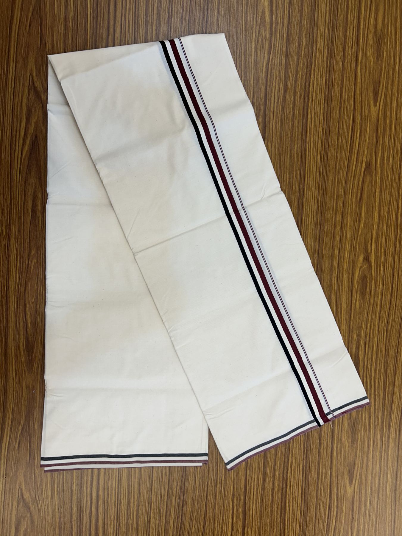Admk Veshti - 20% Discount KaithariKada 100% Cotton Off White Single - (Unbleached) Mundu/Dhoti - 100X100 - 0.75 inch Black White & Maroon kara - 17 KK5325 ASH
