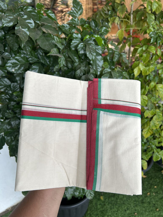 Sdpi Veshti - 20% Discount ! KaithariKada 100% Cotton off white Double - (Unbleached) Mundu/Dhoti - 100X80 - 1.5 cm Maroon & Green Kara - 19 KK5325 ASH