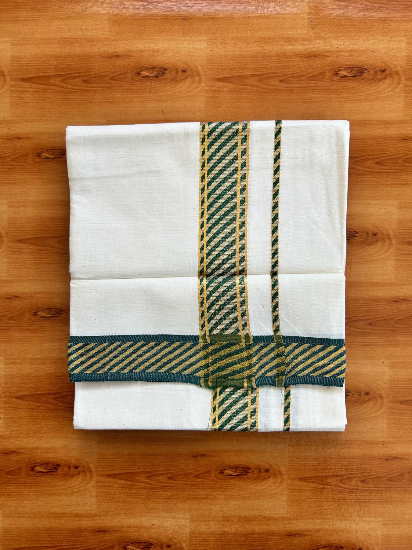 Single Off White (Unbleached) Mundu/Dhoti - 20% Discount ! KaithariKada 100% Pure Cotton - 70X30 - 1.75 inch Gold Kasav & Green Jacquard Design kara 2 mtr (4 Muzham) - 25 KK5494 PMC