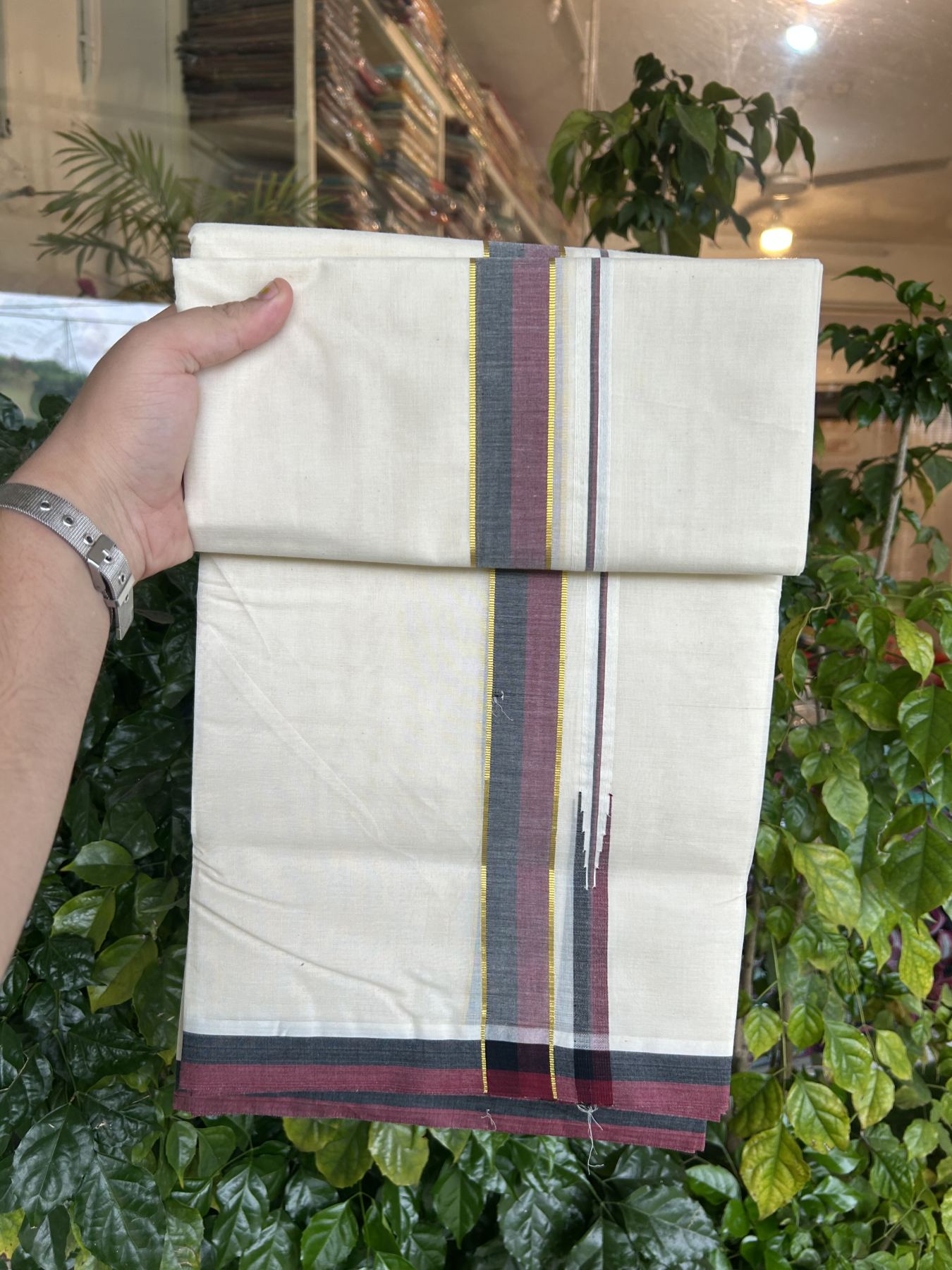 Dmk Veshti - 20% Discount !! KaithariKada Balaramapuram Double Off white - (Unbleached) Mundu/Dhoti - 100X100 - 1.25 inch Puliyilakkara Kasavu Maroon & Black Chutty Kara - 18 KK5325 ASH