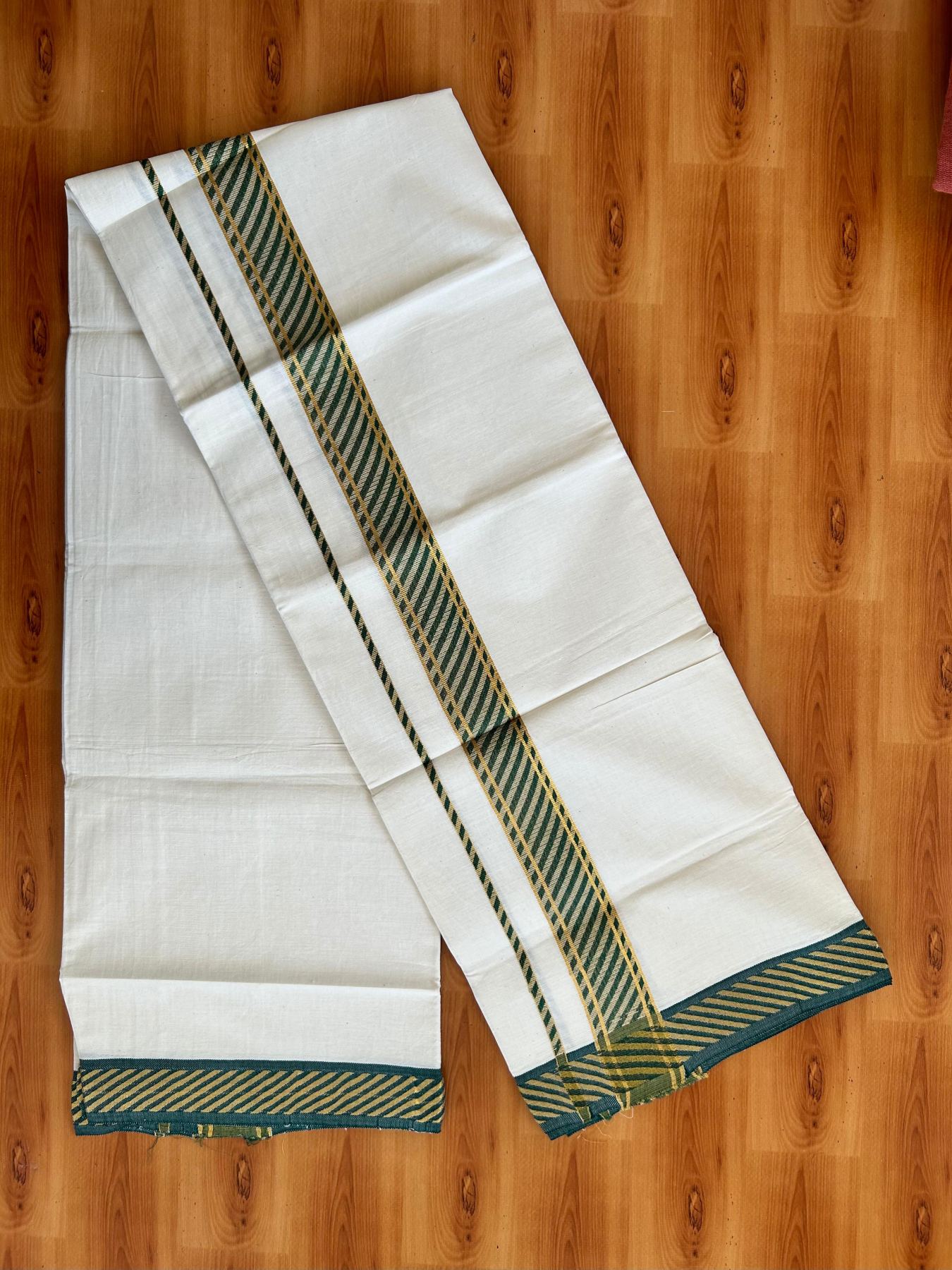 Single Off White (Unbleached) Mundu/Dhoti - 20% Discount ! KaithariKada 100% Pure Cotton - 70X30 - 1.75 inch Gold Kasav & Green Jacquard Design kara 2 mtr (4 Muzham) - 25 KK5494 PMC