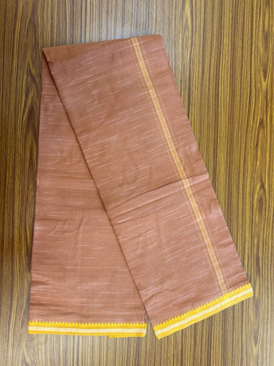 Premium Kathar Type Kavi Mund Pure cotton - Kaitharikada - Single Kaily / Lungi - 1 inch White & Yellow Stripes kara kuppadam Border with Kavi colour body (2 meter / 4 muzham) - 21 KK8039 MUT