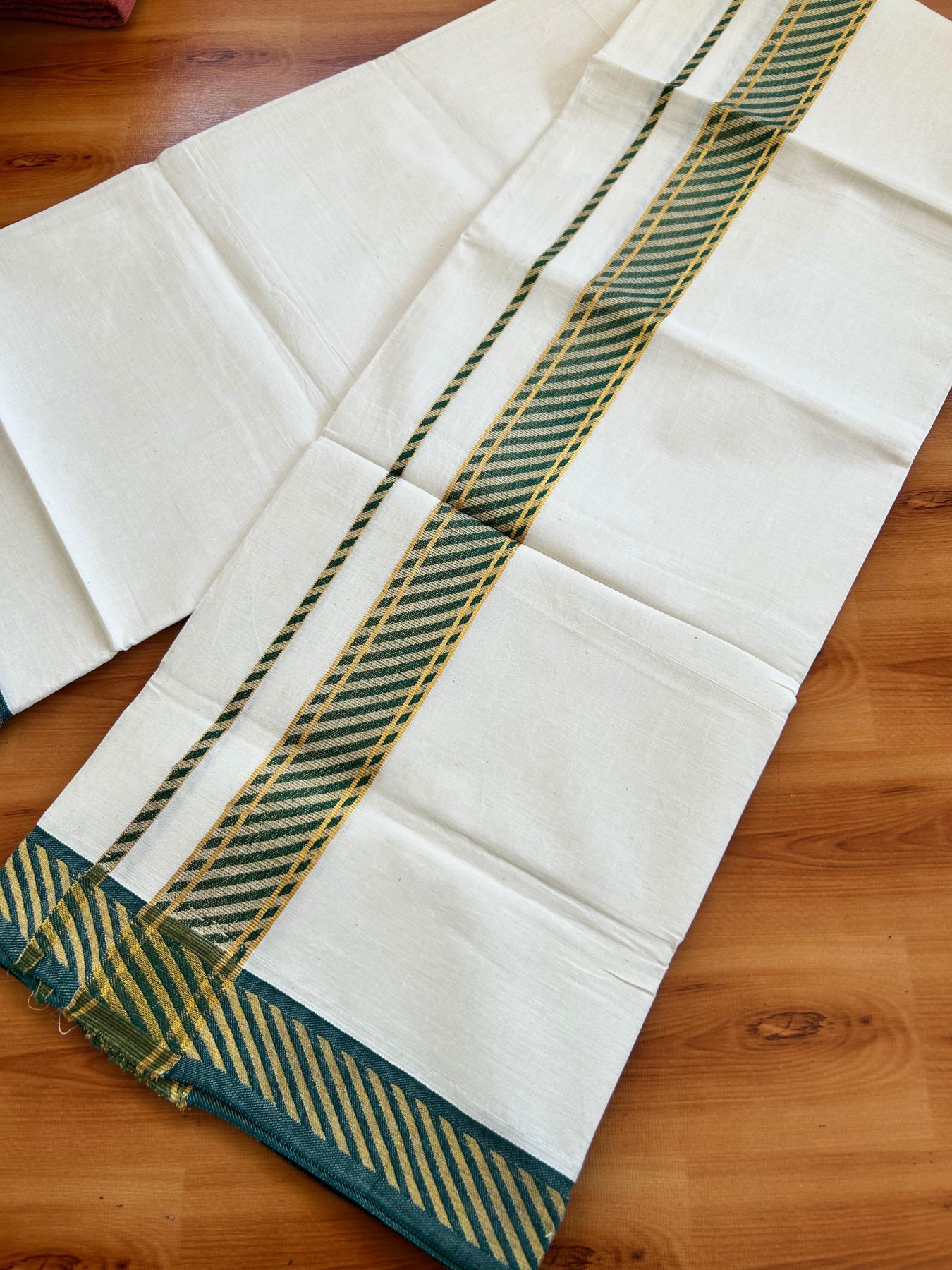 Single Off White (Unbleached) Mundu/Dhoti - 20% Discount ! KaithariKada 100% Pure Cotton - 70X30 - 1.75 inch Gold Kasav & Green Jacquard Design kara 2 mtr (4 Muzham) - 25 KK5494 PMC
