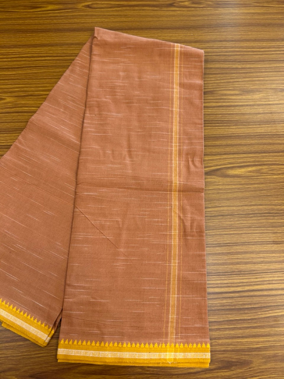 Premium Kathar Type Kavi Mund Pure cotton - Kaitharikada - Single Kaily / Lungi - 1 inch White & Yellow Stripes kara kuppadam Border with Kavi colour body (2 meter / 4 muzham) - 21 KK8039 MUT