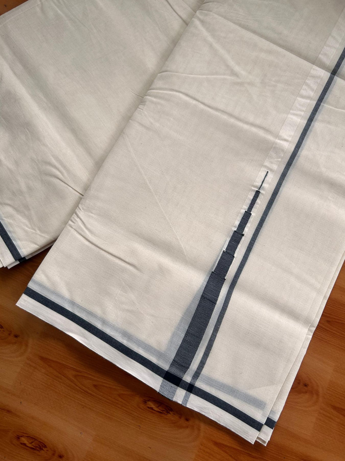 Double Off White (Unbleached) Mundu/Dhoti - 20% Discount!! KaithariKada Pulimood 100% Cotton 100X100 - 0.5 inch Puliyilakkara Black Chutty Kara - 4 mtr (8.5 muzham) - 12 KK5542 ASH