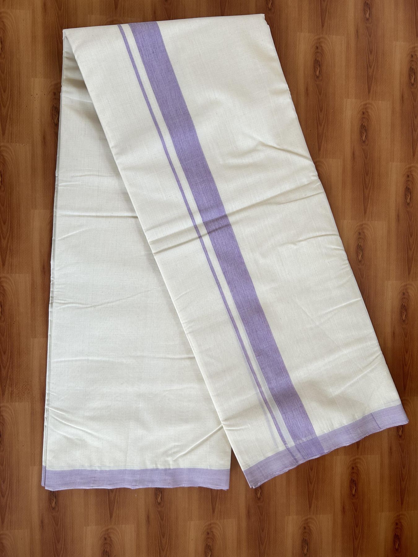 Double Off White (Unbleached) Mundu/Dhoti- 25% Discount! KaithariKada Handloom Millpaav - Kerala Handloom - Cotton - 80x90 - 1.25 inch Lavender Mulloth Kara 4 meter (8.5 Muzham) - 4 KK5396 RAM