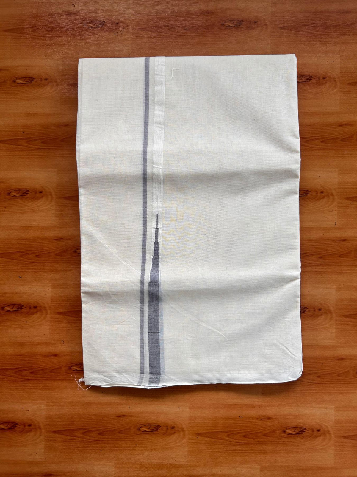 Double Off White (Unbleached) Mundu/Dhoti - 20% Discount!! KaithariKada Pulimood 100% Cotton 100X100 - 0.5 inch Puliyilakkara Ash Grey Chutty Kara - 4 mtr (8.5 muzham) - 1 KK5542 ASH