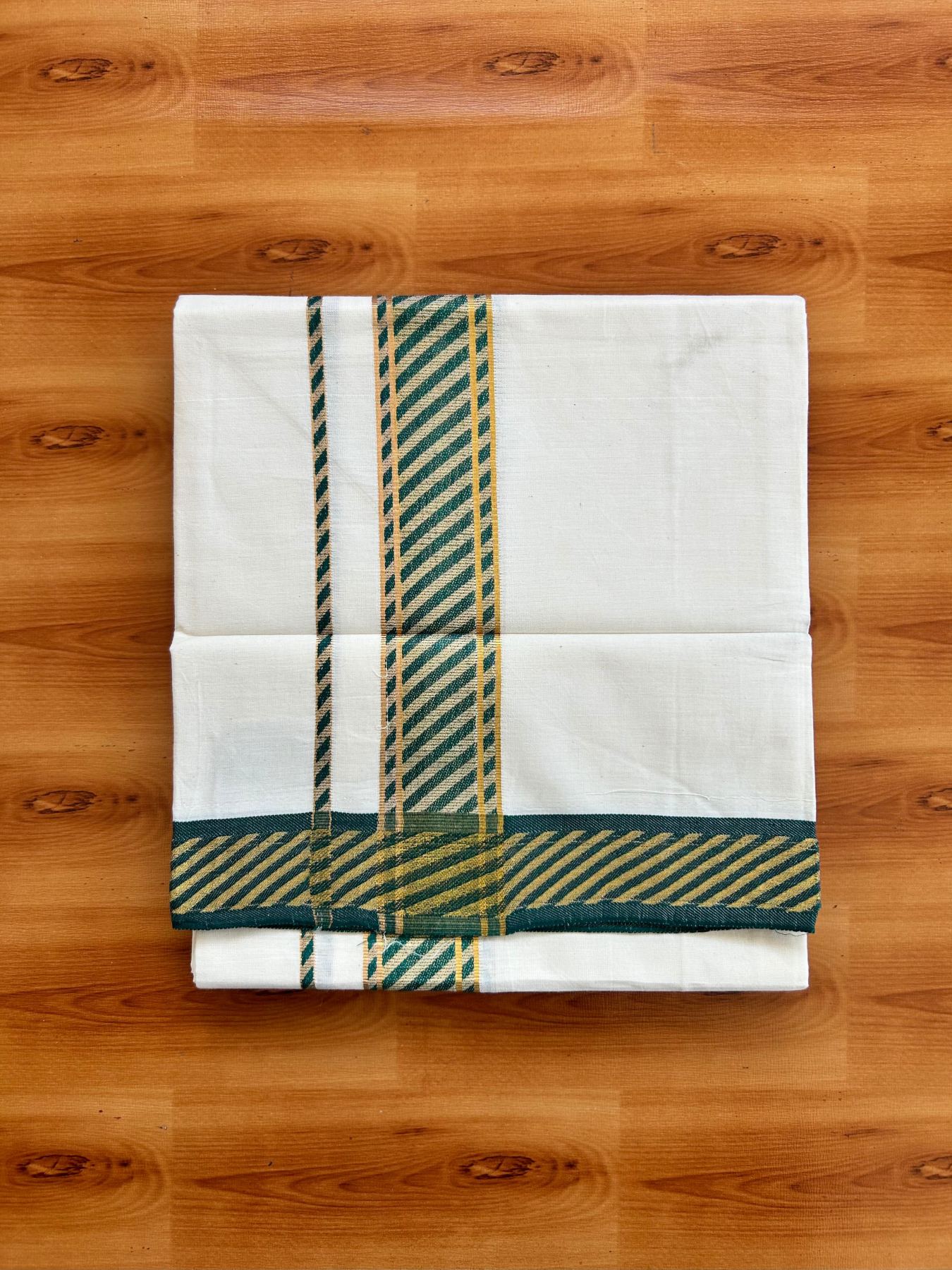 Single Off White (Unbleached) Mundu/Dhoti - 20% Discount ! KaithariKada 100% Pure Cotton - 70X30 - 1.75 inch Gold Kasav & Peacock Green Jacquard Design kara 2 mtr (4 Muzham) - 24 KK5494 PMC