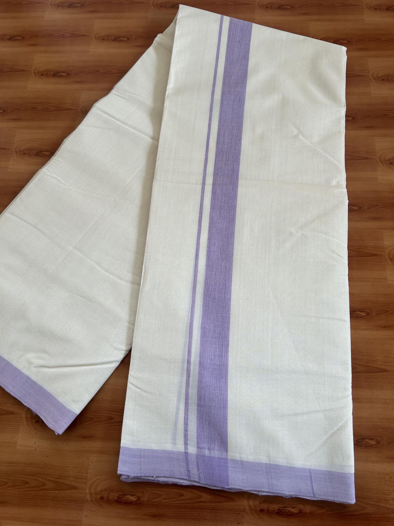 Double Off White (Unbleached) Mundu/Dhoti- 25% Discount! KaithariKada Handloom Millpaav - Kerala Handloom - Cotton - 80x90 - 1.25 inch Lavender Mulloth Kara 4 meter (8.5 Muzham) - 4 KK5396 RAM