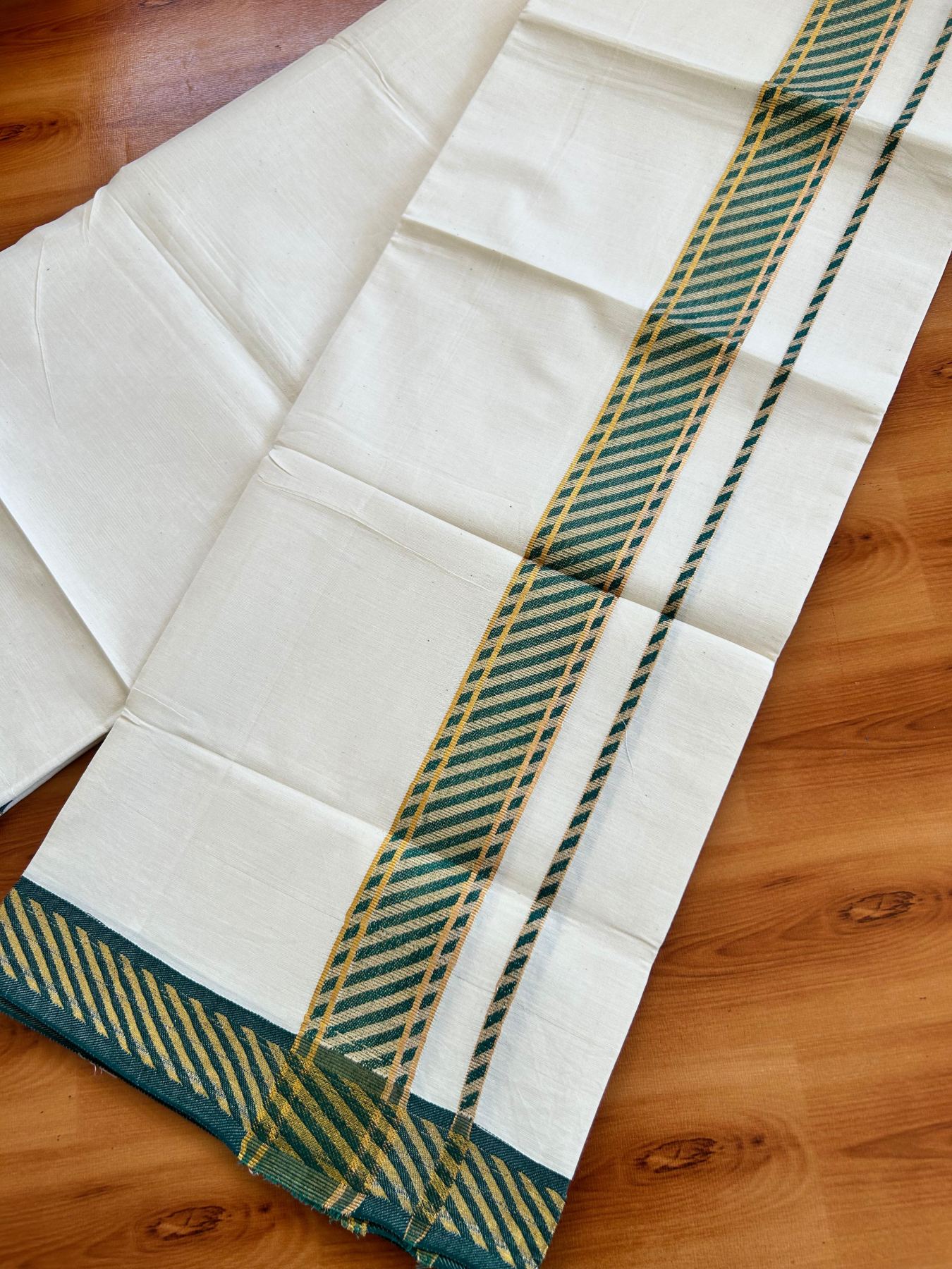Single Off White (Unbleached) Mundu/Dhoti - 20% Discount ! KaithariKada 100% Pure Cotton - 70X30 - 1.75 inch Gold Kasav & Peacock Green Jacquard Design kara 2 mtr (4 Muzham) - 24 KK5494 PMC