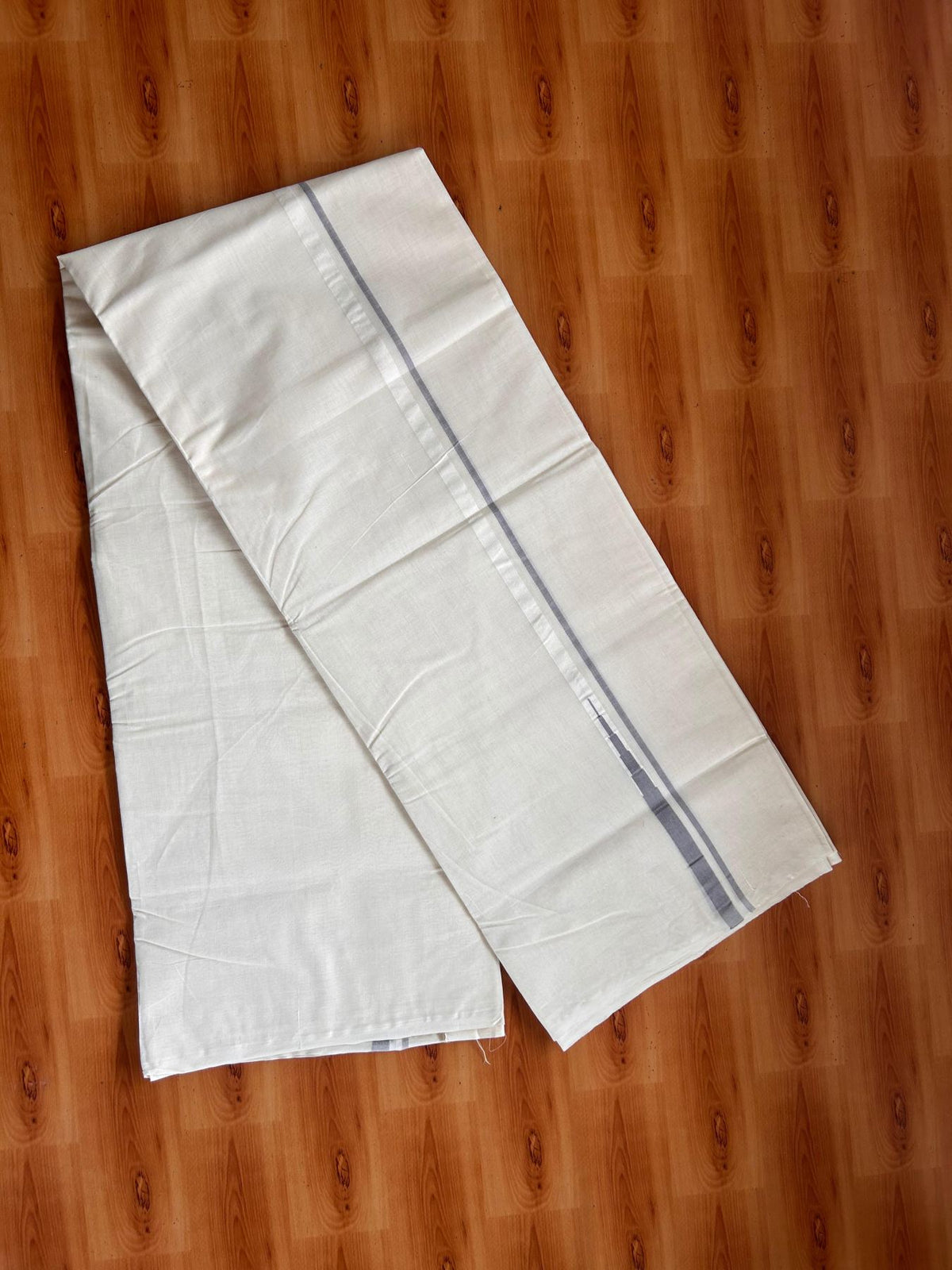 Double Off White (Unbleached) Mundu/Dhoti - 20% Discount!! KaithariKada Pulimood 100% Cotton 100X100 - 0.5 inch Puliyilakkara Ash Grey Chutty Kara - 4 mtr (8.5 muzham) - 1 KK5542 ASH